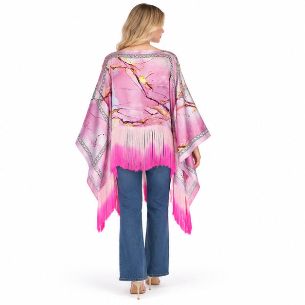 Elegant Pink Floral Fringe Kaftan Tops-4