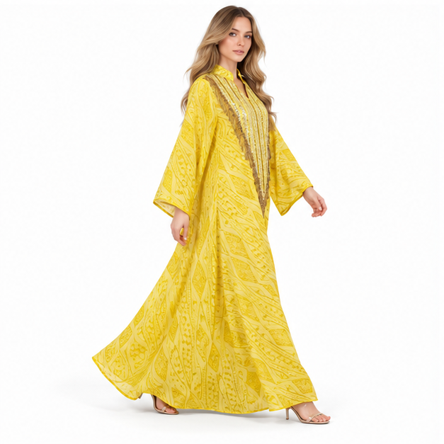 Elegant Yellow Embroidered Sequin Kaftan Dress-2