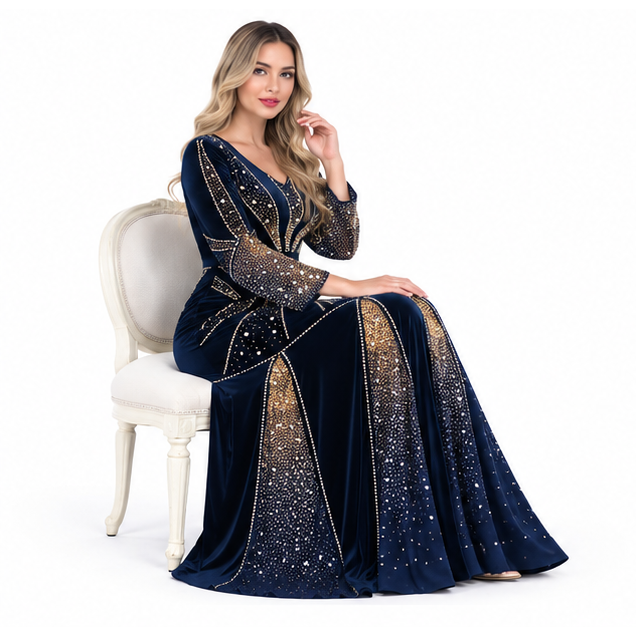 Elegant Navy Blue Embellished Velvet Kaftan-2