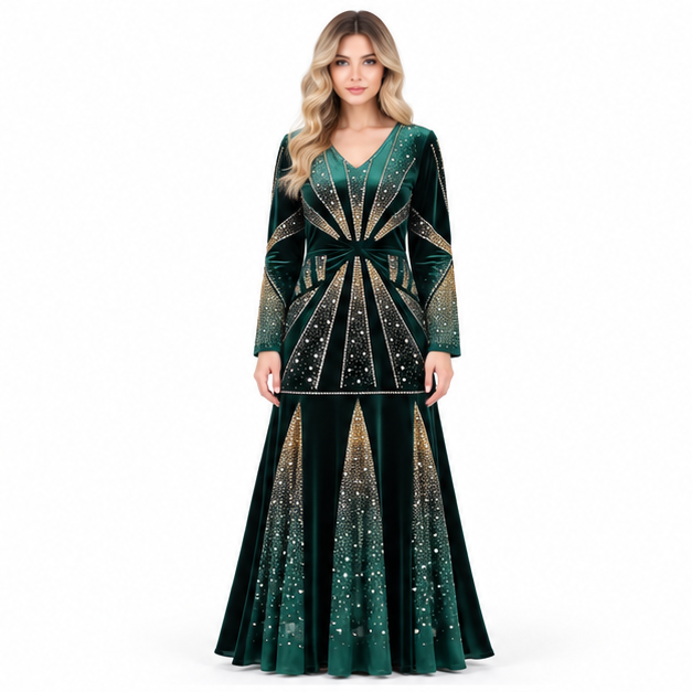Elegant Emerald Green Embellished Velvet Kaftan
