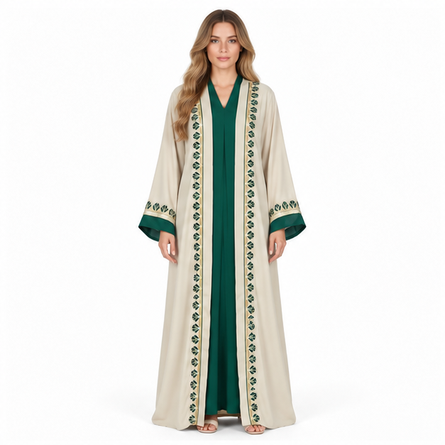 Elegant Beige Apricot Embroidered Sequin Kaftan-1