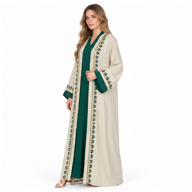 Elegant Beige Apricot Embroidered Sequin Kaftan-3