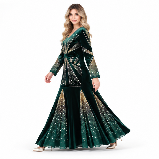 Elegant Emerald Green Embellished Velvet Kaftan