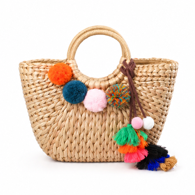 Colorful Pom Pom Woven Straw Tote-4