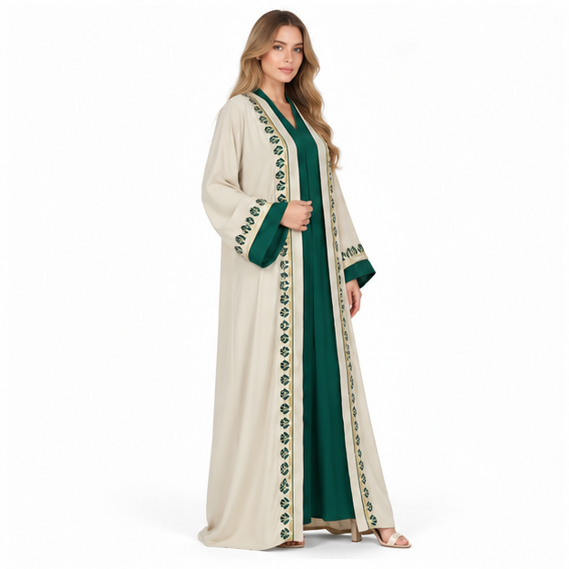 Elegant Beige Apricot Embroidered Sequin Kaftan-2