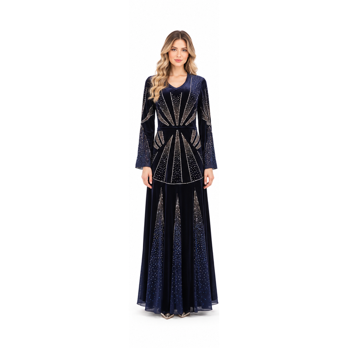 Elegant Navy Blue Embellished Velvet Kaftan-1