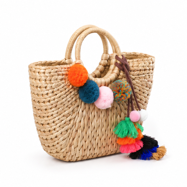 Colorful Pom Pom Woven Straw Tote-1