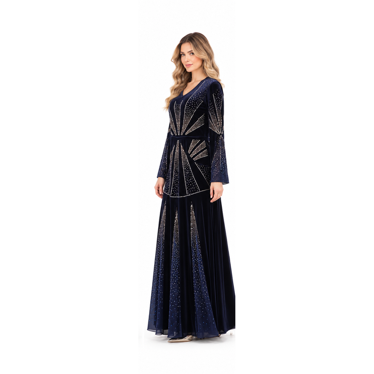 Elegant Navy Blue Embellished Velvet Kaftan-3