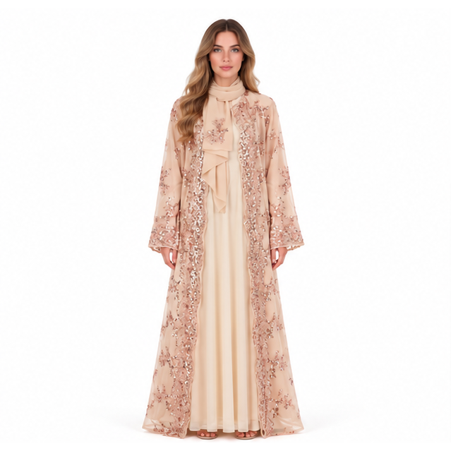 Elegant Champagne Gold Embroidered Sequin Kaftan-1