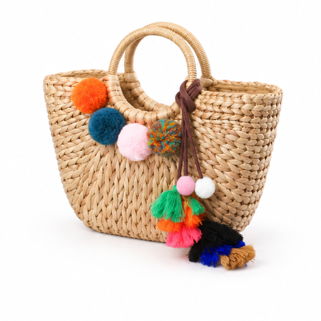 Colorful Pom Pom Woven Straw Tote-3
