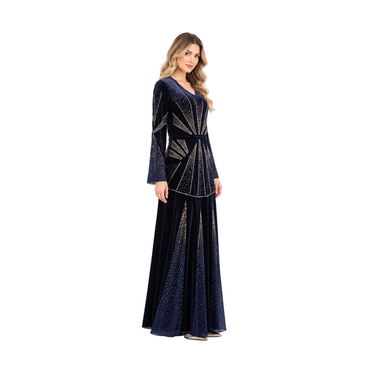 Elegant Navy Blue Embellished Velvet Kaftan-2