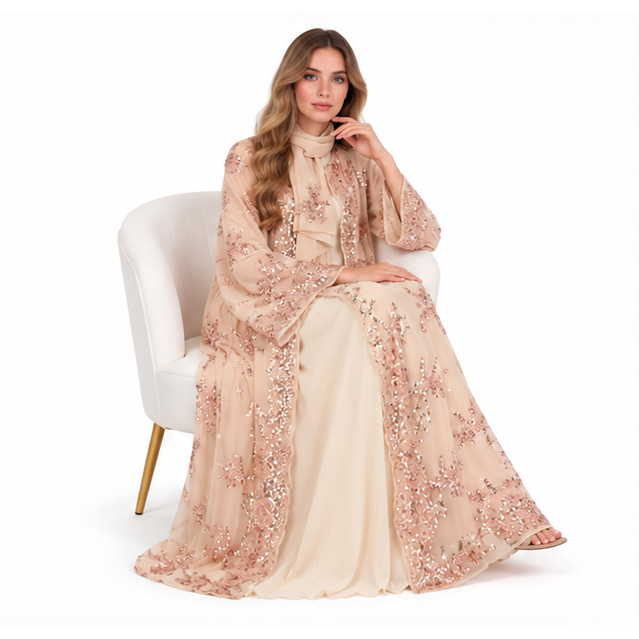 Elegant Champagne Gold Embroidered Sequin Kaftan-3