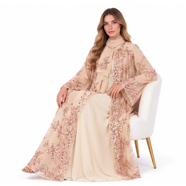 Elegant Champagne Gold Embroidered Sequin Kaftan
