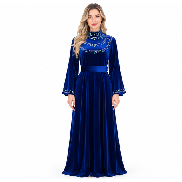 Elegant Royal Blue Embroidered Velvet Kaftan