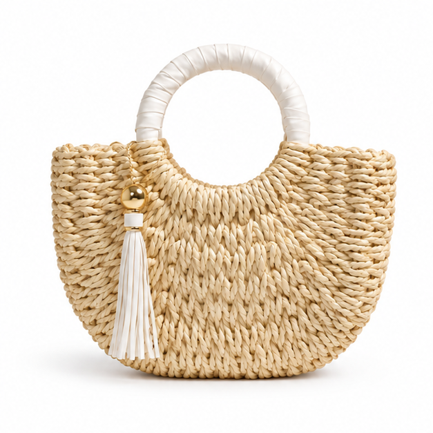 Natural Woven Raffia Round Handle Handbag-4