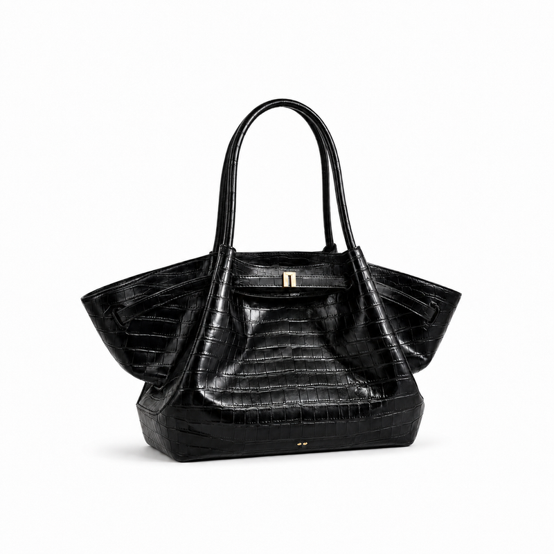 Luxury Black Crocodile-Embossed Winged Bag-1