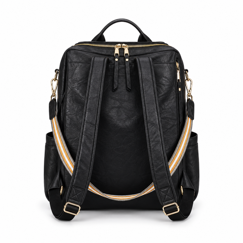 Black Textured Backpack With Striped Strap-3