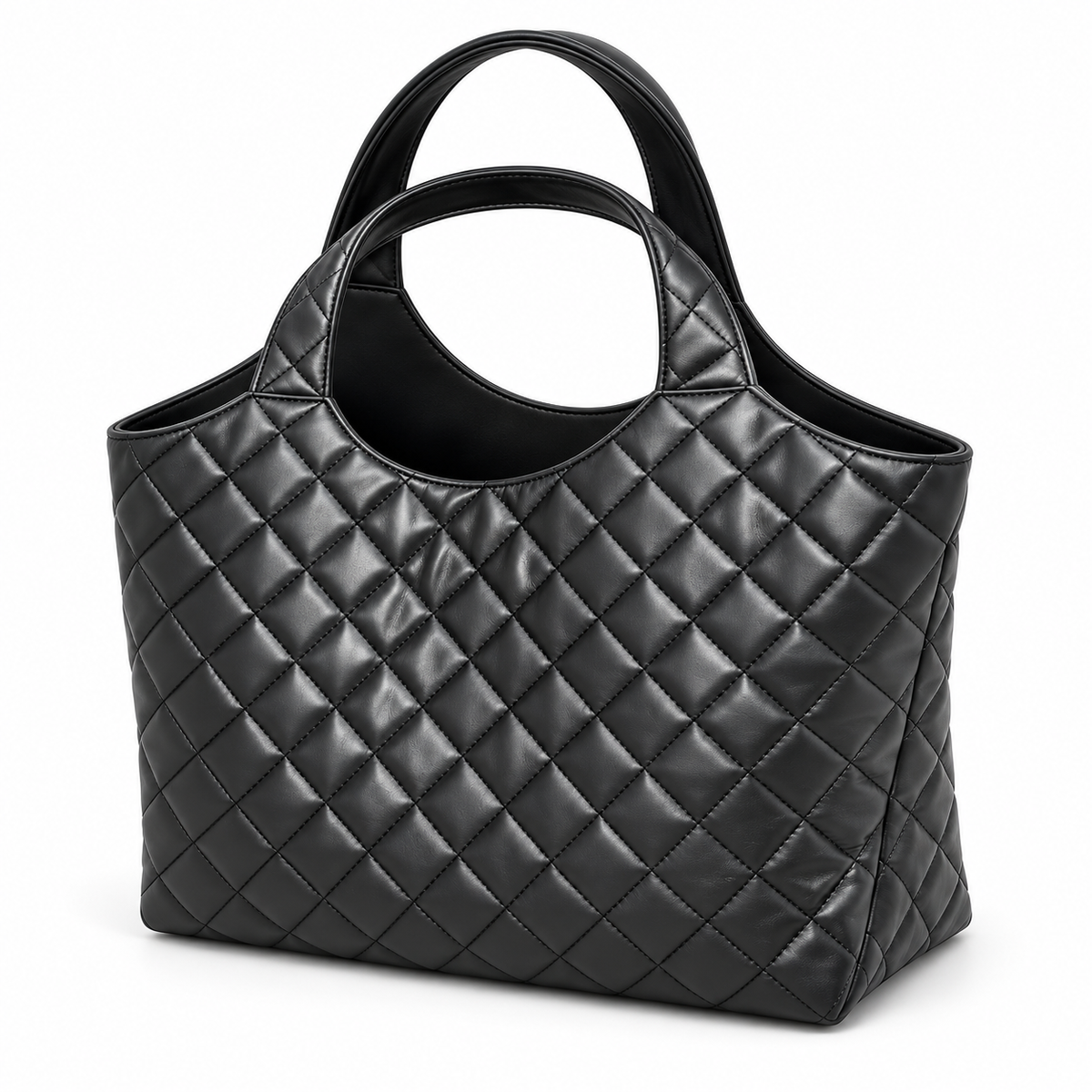 Black Quilted Vegan Leather Tote Bag-3