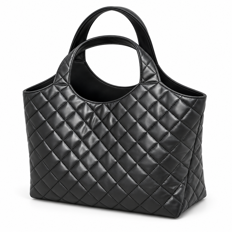 Black Quilted Vegan Leather Tote Bag-3