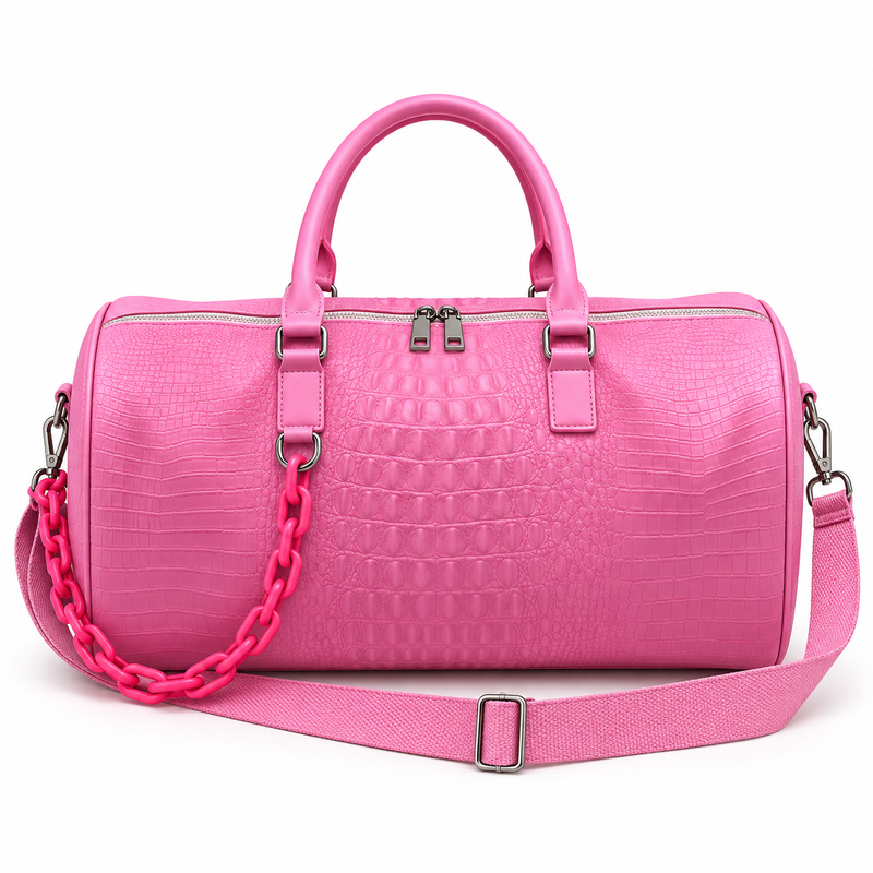 Pink Crocodile Embossed Leather Duffel Bag-4
