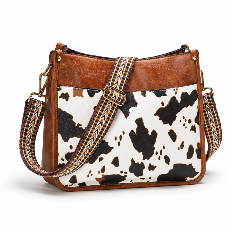 Brown Cow Print Adjustable Crossbody Bag-1