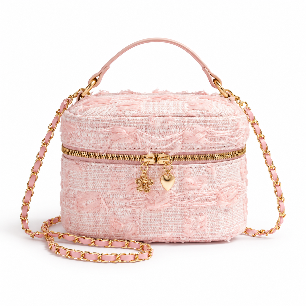 Pink Textured Crossbody Bag With Charms-4