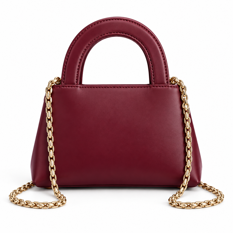 Burgundy Vegan Leather Chain Handle Handbag-2