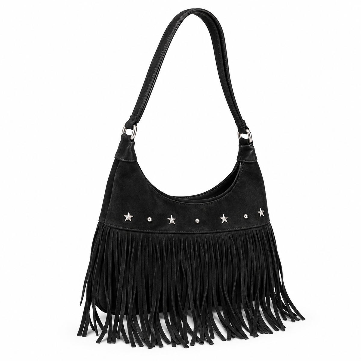 Vintage Black Star Studded Fringe Shoulder Bag-1