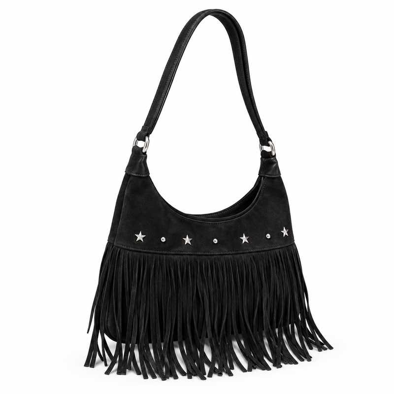 Vintage Black Star Studded Fringe Shoulder Bag-1