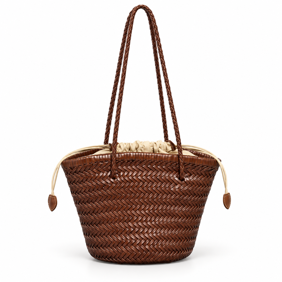 Coffee Woven Tote With Braided Straps-4