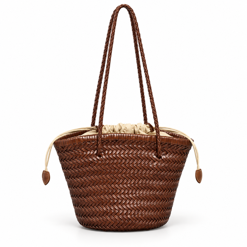 Coffee Woven Tote With Braided Straps-4