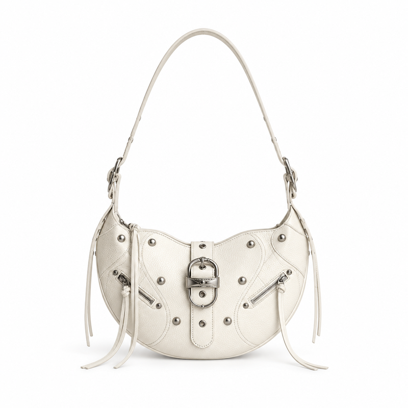 Ivory Studded Crescent Shoulder Hobo Bag-4