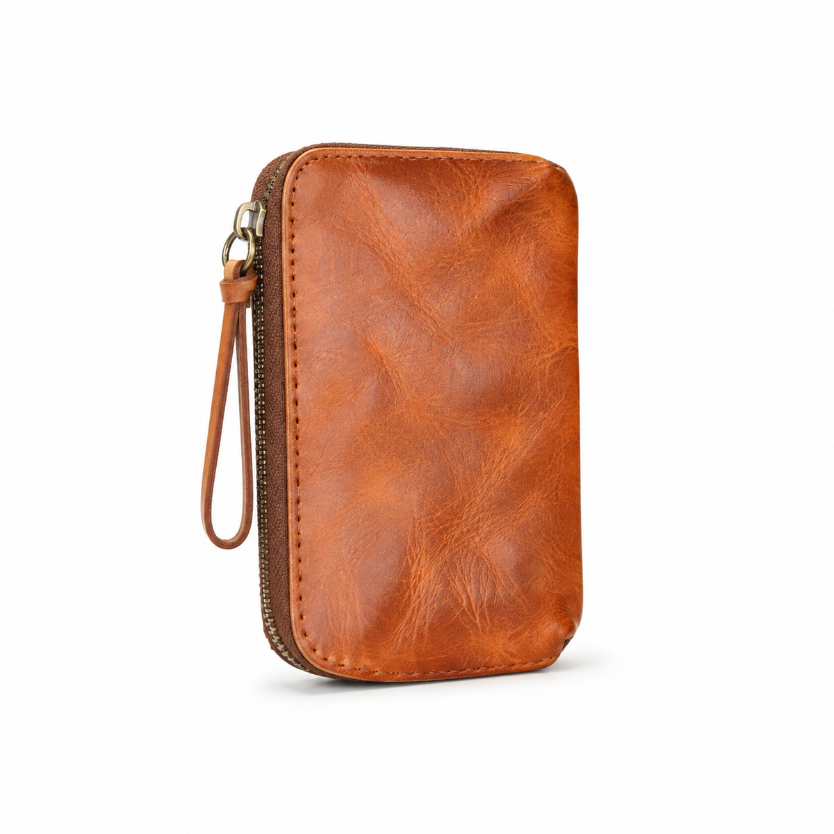 Vintage Brown Leather Zip-Around Wristlet Wallet