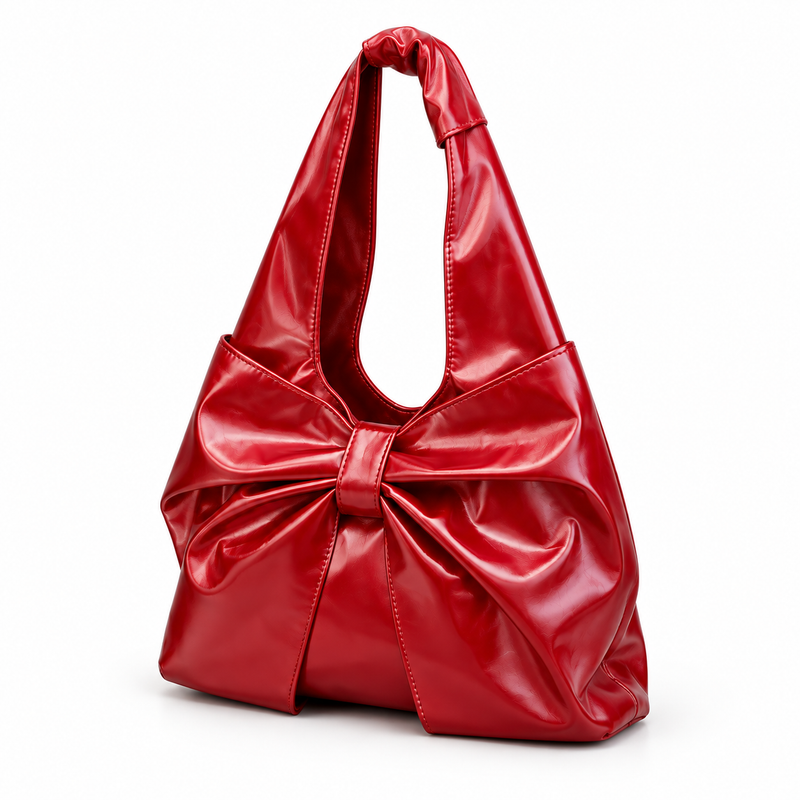 Glossy Red Bow Hobo Shoulder Bag-3
