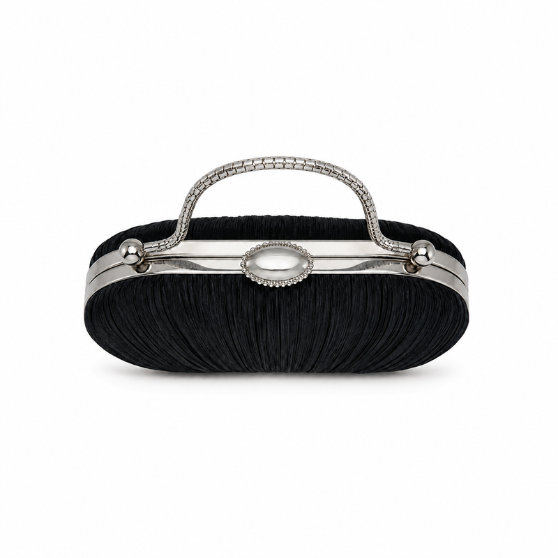 Black Pleated Clutch with Silver Handle-3
