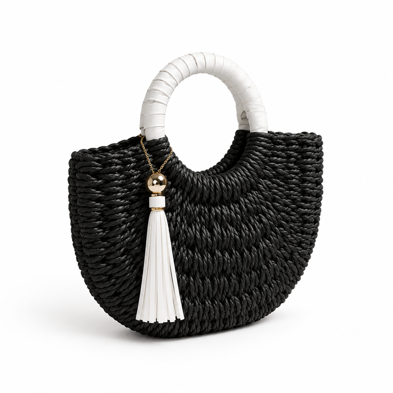 Black Woven Tassel Round Handle Handbag-1