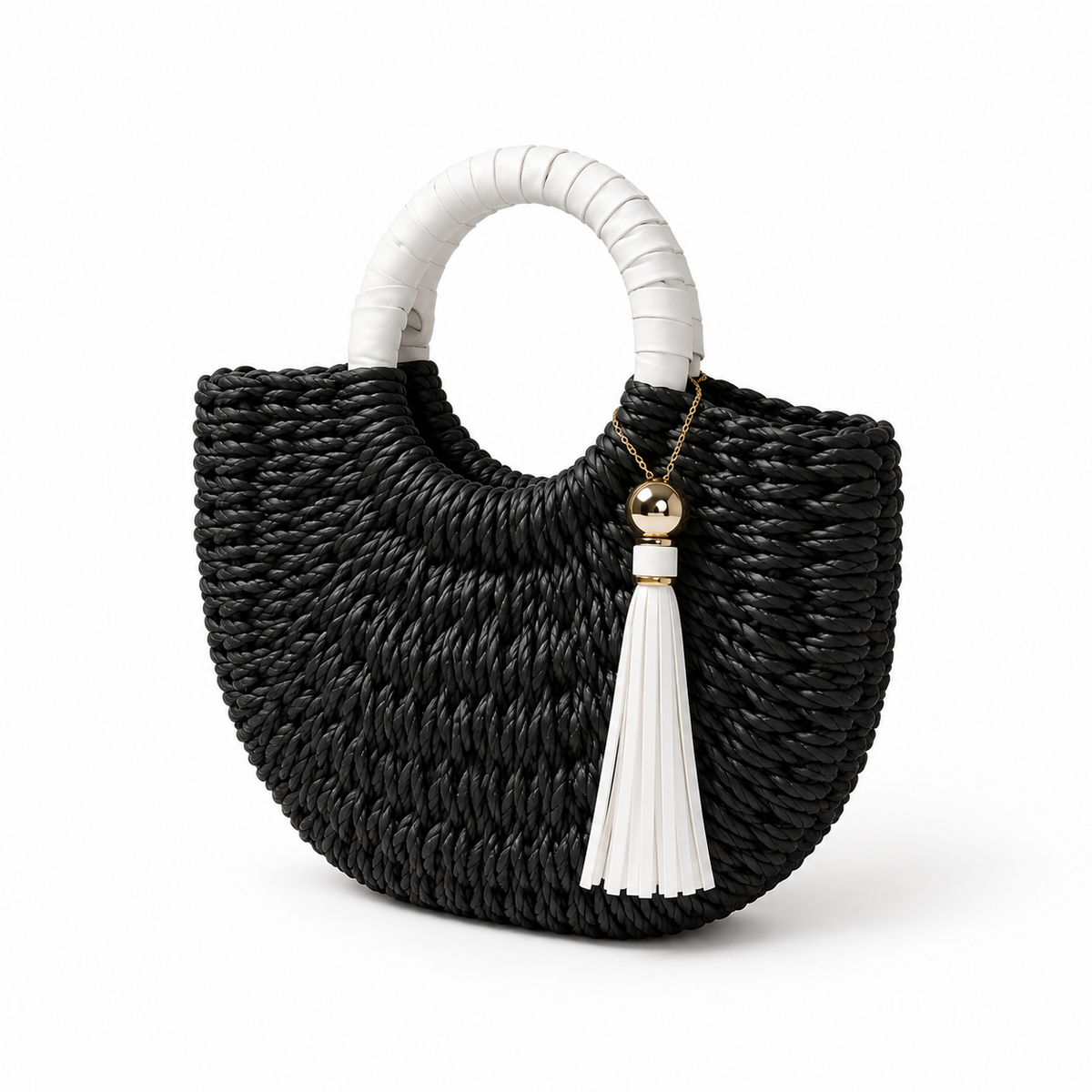 Black Woven Tassel Round Handle Handbag-3