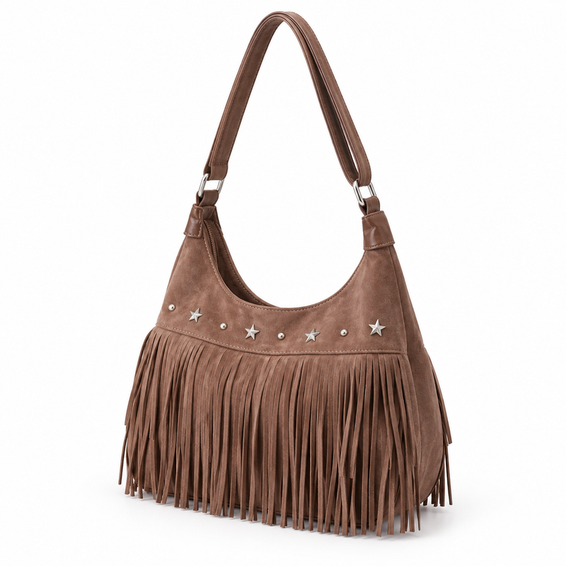 Vintage Brown Star Studded Fringe Shoulder Bag-4