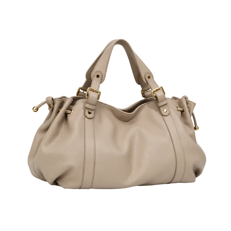 Elegant Taupe Slouchy Drawstring Tote Handbag-1