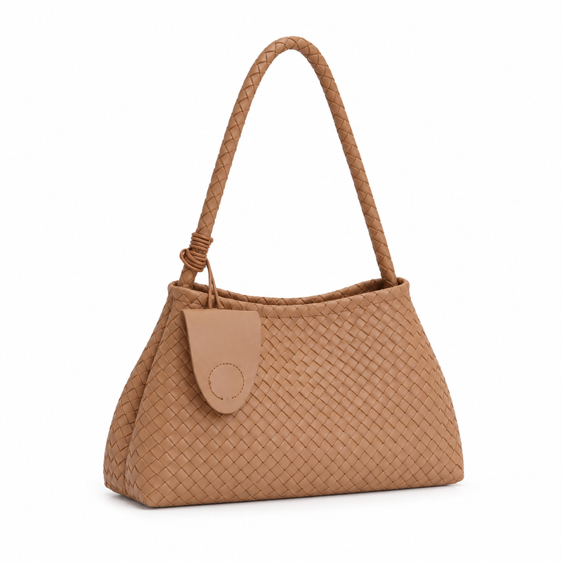 Khaki Woven Shoulder Bag With Charm-1