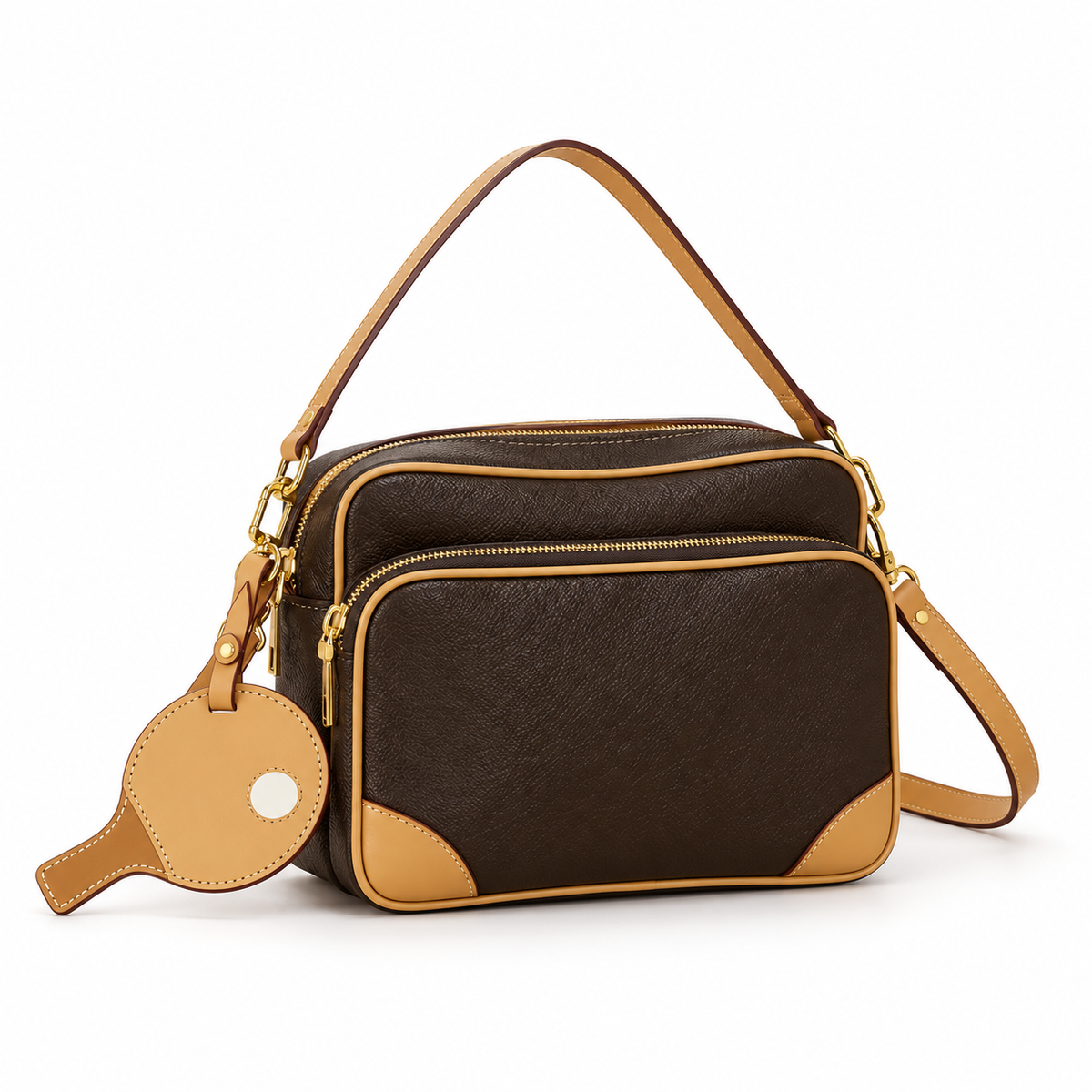Classic Brown Leather Canvas Crossbody Bag