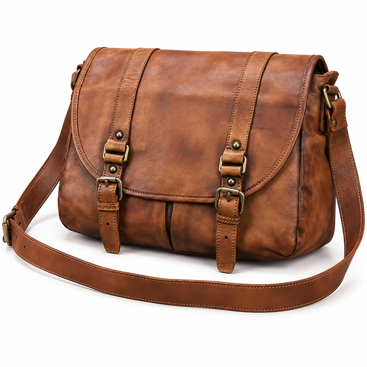 Vintage Brown Leather Double Buckle Satchel-2
