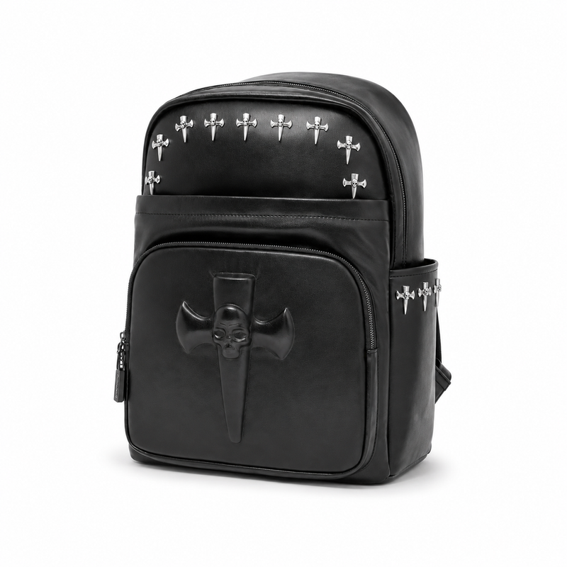 Gothic Skull Cross Studded Leather Backpack-3