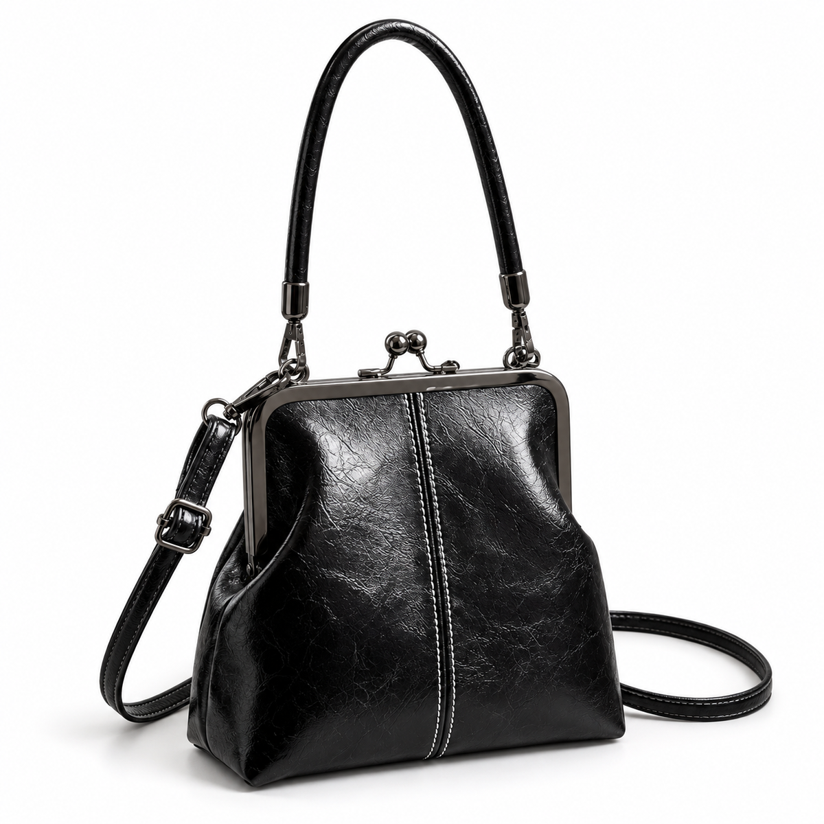 Vintage Black Kiss Lock Shoulder Handbag-1