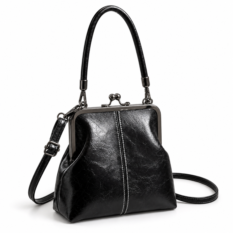 Vintage Black Kiss Lock Shoulder Handbag-1