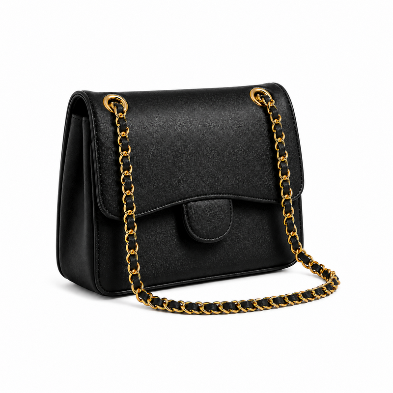 Black Textured Chain Strap Shoulder Bag-1