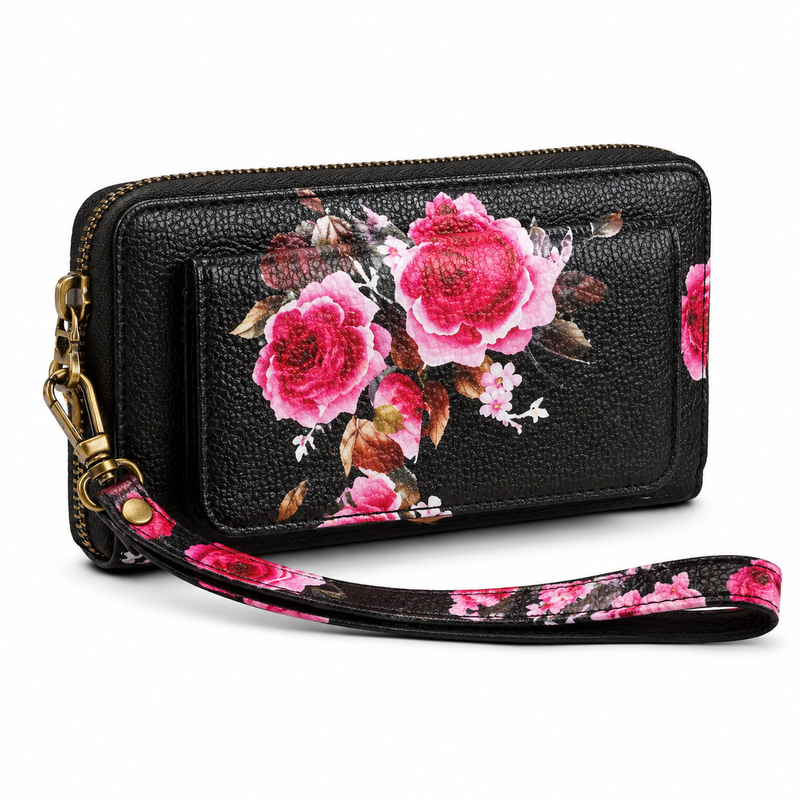 Black Floral Print Zip-Around Wristlet Wallet-2