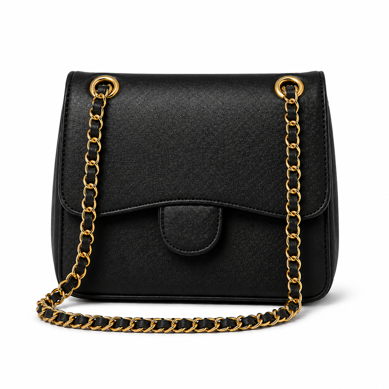 Black Textured Chain Strap Shoulder Bag with Gold Hardware-1