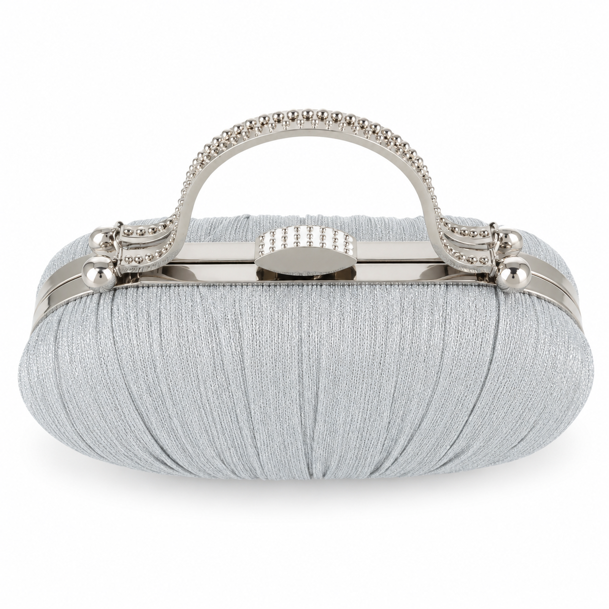 Silver Pleated Evening Clutch Bag with Decorative Metal Handle-3