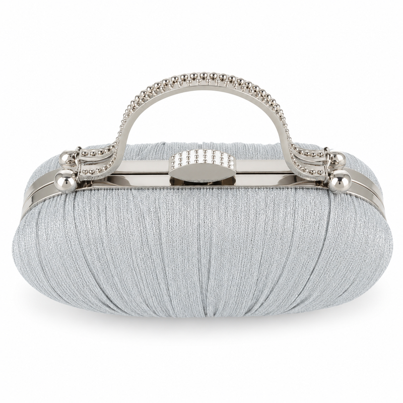 Silver Pleated Evening Clutch Bag with Decorative Metal Handle-3
